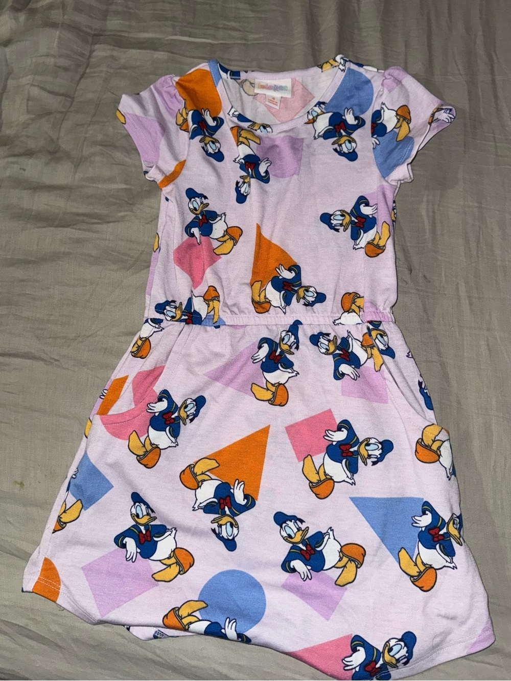 LuLaRoe Disney Donald Duck Girls Dress Size 4 Pink Geometric Print Pockets